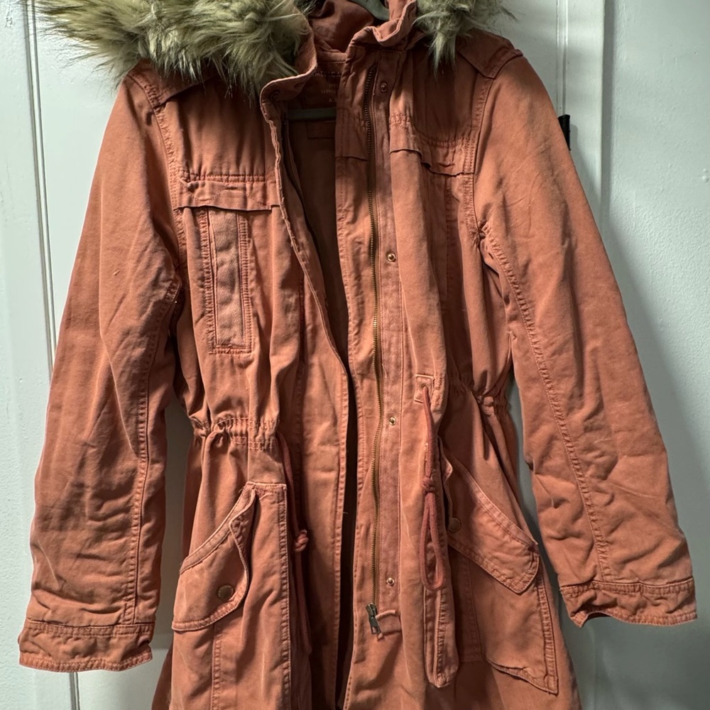 American Eagle Outfitters warm salmon Utility Jacket with Faux Fur Hood